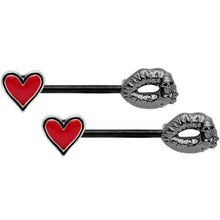 将图片加载到图库查看器,14G 9/16 Red Heart Black Kiss of Death Barbell Nipple Ring Set