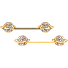 Load image into Gallery viewer, 14G 9/16 Clear Gem Gold Tone Saturn Barbell Nipple Ring Set