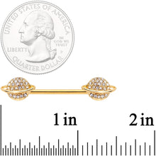 Load image into Gallery viewer, 14G 9/16 Clear Gem Gold Tone Saturn Barbell Nipple Ring Set