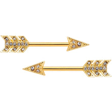Load image into Gallery viewer, 14G 9/16 Clear Gem Gold Tone Flying Arrow Barbell Nipple Ring Set