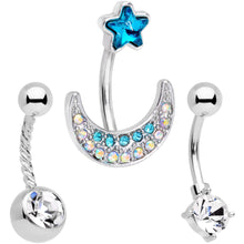 Load image into Gallery viewer, Clear Blue Aurora Gem Moon and Star Twisted Belly Ring Set of 3