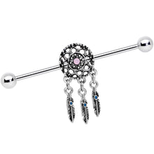 Load image into Gallery viewer, 14G Pink Faux Opal Feather Dreamcatcher Dangle Industrial Barbell 38mm