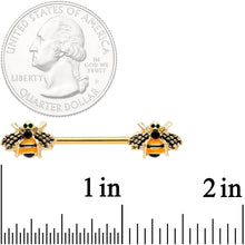 Load image into Gallery viewer, 14G 9/16 Black Gem Gold Tone Bumblebees Barbell Nipple Ring Set