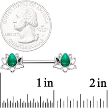 Load image into Gallery viewer, 14G 9/16 Green Faux Opal Lotus Flower Barbell Nipple Ring Set