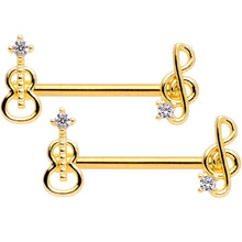 Load image into Gallery viewer, 14G 9/16 Clear CZ Gold Tone Music Lover Barbell Nipple Ring Set