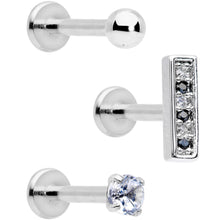 Load image into Gallery viewer, 16G 5/16 Clear Black CZ Bar Internally Threaded Labret Set of 3