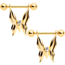 Load image into Gallery viewer, 14G 9/16 Clear CZ Gem Gold Tone Butterfly Dangle Nipple Ring Set