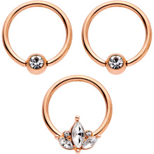 Load image into Gallery viewer, 14G 0.51 inch Clear CZ Rose Gold Tone Crest BCR Captive Ring Set of 3