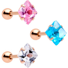Load image into Gallery viewer, 16G 1/4 Color CZ Gem Rose Gold Tone Cartilage Tragus Set of 3
