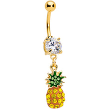 Load image into Gallery viewer, Clear Yellow Green Gem Gold Tone Tropical Pineapple Dangle Belly Ring