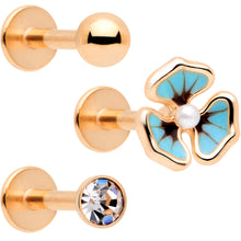 Load image into Gallery viewer, 16G 5/16 Clear Gem Rose Gold Tone Blue Pansy Labret Set