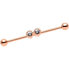 Load image into Gallery viewer, 14G Clear Gem Rose Gold Tone Double Drama Industrial Barbell 38mm