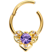 Load image into Gallery viewer, 16G 3/8 Purple CZ Gold Tone Abstract Heart Hinged Segment Ring