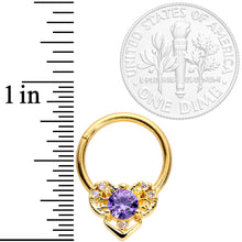 Load image into Gallery viewer, 16G 3/8 Purple CZ Gold Tone Abstract Heart Hinged Segment Ring