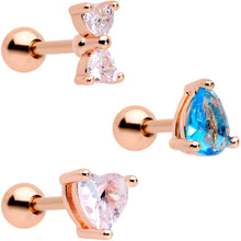 Load image into Gallery viewer, 16G 1/4 Blue Clear CZ Rose Gold Tone Triangle Tragus Set of 3