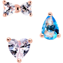 Load image into Gallery viewer, 16G 1/4 Blue Clear CZ Rose Gold Tone Triangle Tragus Set of 3
