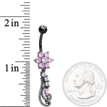 Load image into Gallery viewer, Clear Pink CZ Black Anodized Floral Flourish Dangle Belly Ring