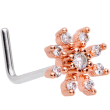 Load image into Gallery viewer, 20G 1/4 Clear CZ Gem Rose Gold Tone Flower L Shaped Nose Ring