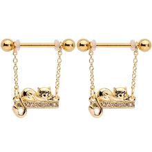 将图片加载到图库查看器,14G 5/8 Clear Gem Gold Tone Nap Cat Dangle Nipple Ring Set