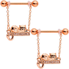 Load image into Gallery viewer, 14G 5/8 Clear Gem Rose Gold Tone Nap Cat Dangle Nipple Ring Set