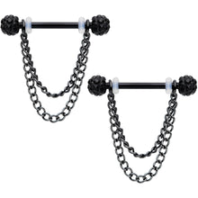 Load image into Gallery viewer, 14G Black Gem End Black Chain Dangle Nipple Ring Set