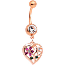 Load image into Gallery viewer, Clear Purple Gem Rose Gold Tone Heart Spring Flower Dangle Belly Ring