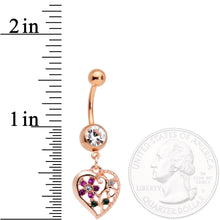 Load image into Gallery viewer, Clear Purple Gem Rose Gold Tone Heart Spring Flower Dangle Belly Ring