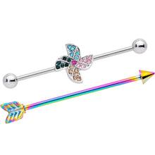Load image into Gallery viewer, 14G Rainbow Gem Pinwheel and Arrow Industrial Barbell Set 38mm
