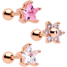Load image into Gallery viewer, 16G 1/4 Pink Clear CZ Gem Rose Gold Tone Star Tragus Set of 3