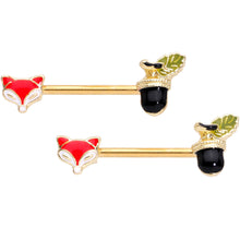 Load image into Gallery viewer, 14G 9/16 Gold Tone Fox and Acorn Barbell Nipple Ring Set