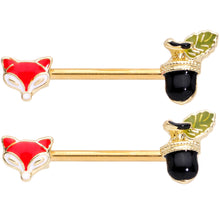 Load image into Gallery viewer, 14G 9/16 Gold Tone Fox and Acorn Barbell Nipple Ring Set