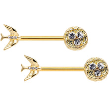 Load image into Gallery viewer, 14G 9/16 Clear Gem Gold Tone Birds Nest Nipple Ring Set