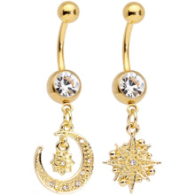 Load image into Gallery viewer, Clear Gem Gold Tone Celestial Star Moon Dangle Belly Ring Set