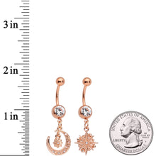 Load image into Gallery viewer, Clear Gem Rose Gold Tone Celestial Star Moon Dangle Belly Ring Set