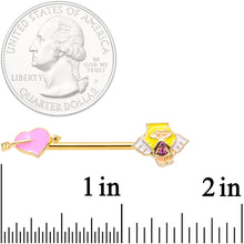 Load image into Gallery viewer, 14G 9/16 Pink Gem Heart Cupid Gold Tone Barbell Nipple Ring Set