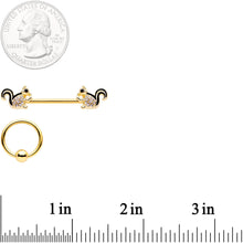 Load image into Gallery viewer, 14G Clear Gem Gold Tone Squirrel BCR Barbell Nipple Ring Set of 4