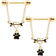Load image into Gallery viewer, 14G Gold Tone Love My Dog Paw Print Dangle Nipple Ring Set