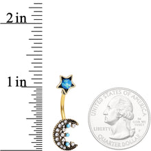 Load image into Gallery viewer, Aqua Faux Opal Gold Tone Orb Crescent Moon Reversible Belly Ring