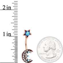 Load image into Gallery viewer, Aqua Faux Opal Rose Gold Tone Orb Crescent Moon Reversible Belly Ring