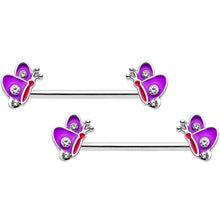 Load image into Gallery viewer, 14G Pink Purple Butterfly Horseshoe Barbell Nipple Ring Set of 4