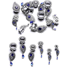 Load image into Gallery viewer, Blue Gem Filigree Drop Dangle Screw Fit Tunnel Plug Set 6mm to 16mm