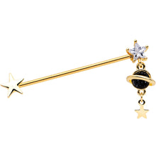 Load image into Gallery viewer, 14G Clear CZ Gem Gold Tone Saturn Dangle Industrial Barbell 38mm