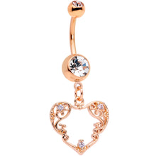 Load image into Gallery viewer, Clear CZ Gem Rose Gold Tone Scrollwork Heart Dangle Belly Ring