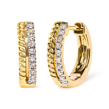 Load image into Gallery viewer, 10K Yellow Gold 1/10 Cttw Diamond and Rope Twist Huggy Hoop Earrings (H-I Color, I1-I2 Clarity)