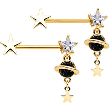 Load image into Gallery viewer, 14G 9/16 Clear CZ Gem Gold Tone Saturn Barbell Nipple Ring Set