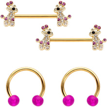 Load image into Gallery viewer, 14G Clear Pink Gem Giraffe Gold Tone UV Horseshoe Nipple Ring Set