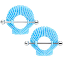 Load image into Gallery viewer, 14G 29mm Blue Shimmer Mermaid Shell Nautical Nipple Shield Set