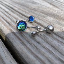Load image into Gallery viewer, Blue Gem Blue Green Mermaid Scale Belly Ring Set of 3