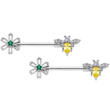Load image into Gallery viewer, 14G 9/16 Clear Yellow CZ Gem Bee Flower Barbell Nipple Ring Set