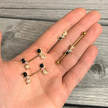 Load image into Gallery viewer, 14G Black White CZ Gem Gold Tone Kitty Cat Luv Industrial Barbell 38mm